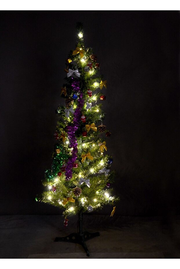 ELYSORA Yılbaşı Çam Ağacı Set Gümüş Paket 120 Cm Ağaç 26 Parça Süs Led Işık Simli Şerit Süsü