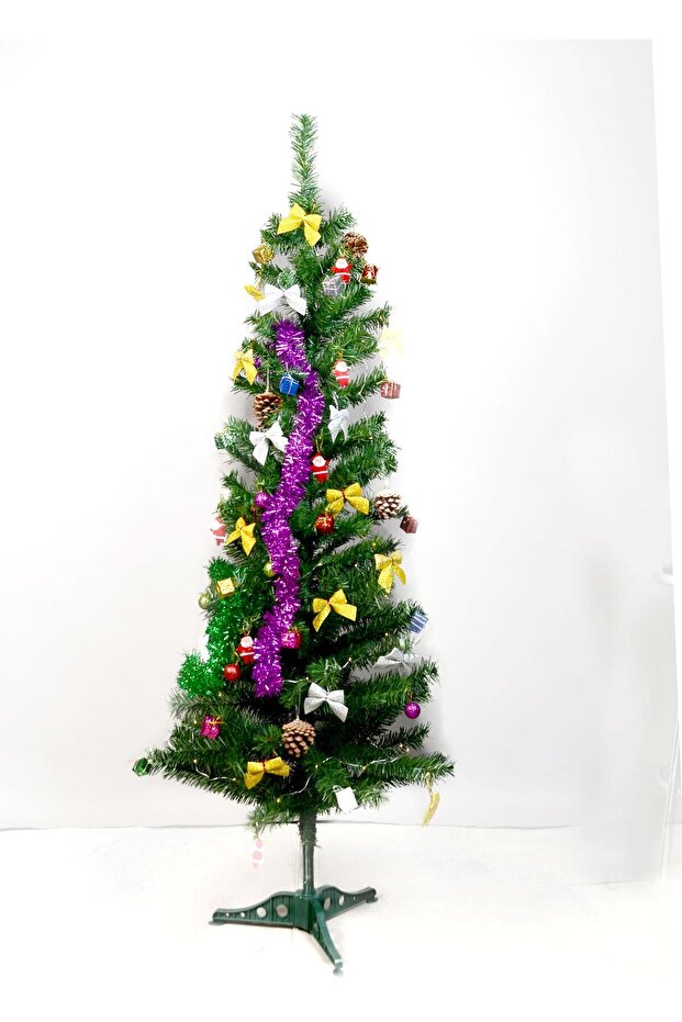 ELYSORA Yılbaşı Çam Ağacı Set Gümüş Paket 120 Cm Ağaç 26 Parça Süs Led Işık Simli Şerit Süsü