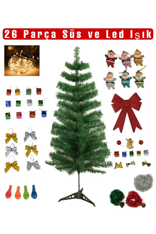 ELYSORA Yılbaşı Çam Ağacı Set Gümüş Paket 120 Cm Ağaç 26 Parça Süs Led Işık Simli Şerit Süsü