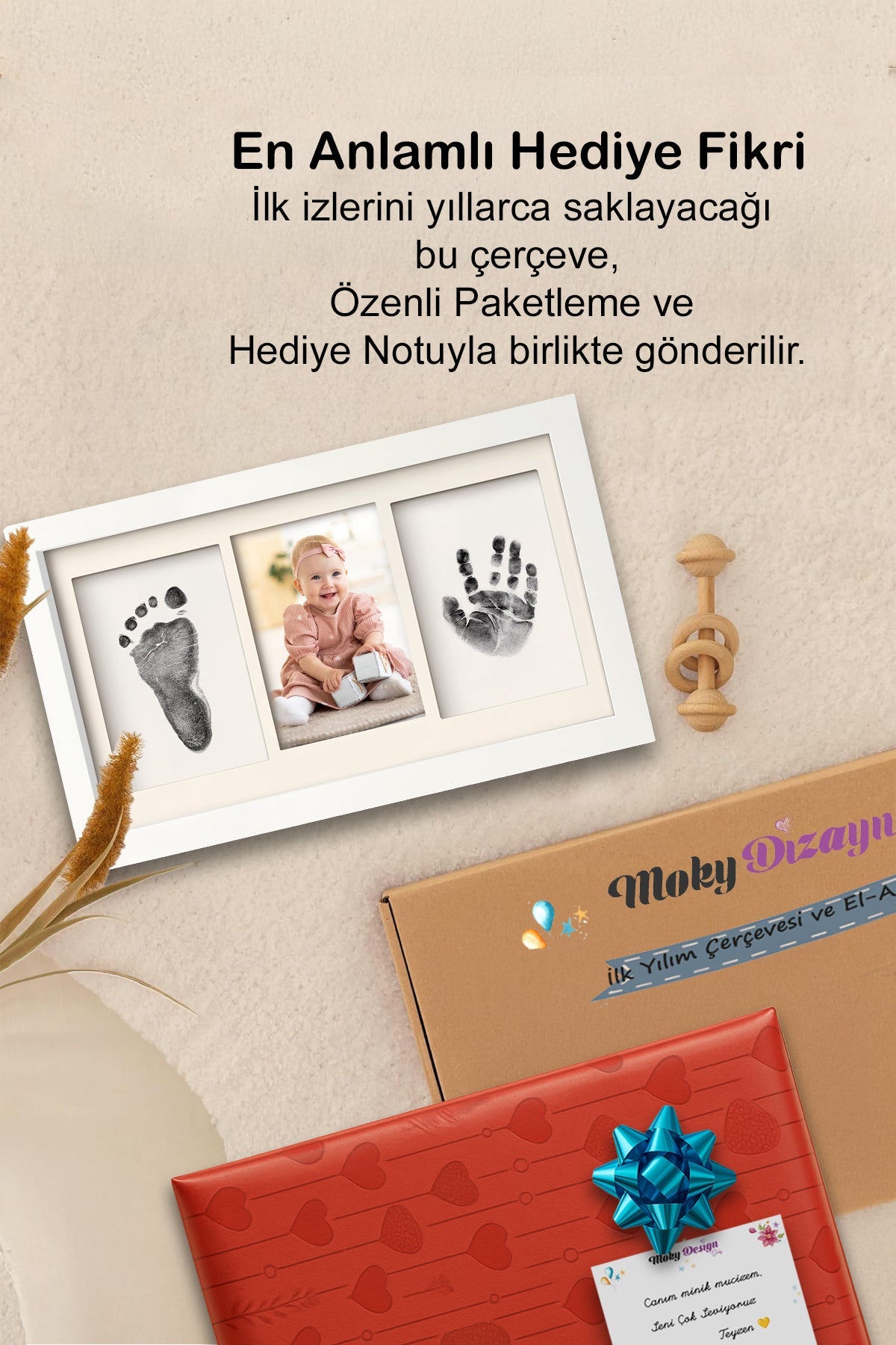 ELYSORA Design Bebek El Ayak İzi Seti, Temassız Mürekkep Baskı Kiti (2 Adet) ve Yenidoğan Hediye Anı Çerçevesi